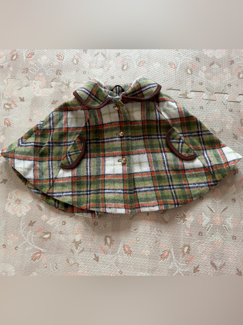Janie and Jack Green, White & Orange Plaid Cape with Brown Trim
